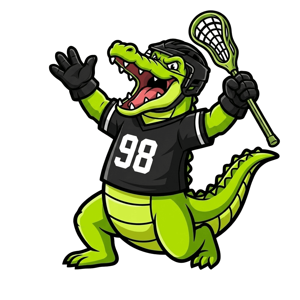 Greasy Ballers gator mascot cheering with his stick raised