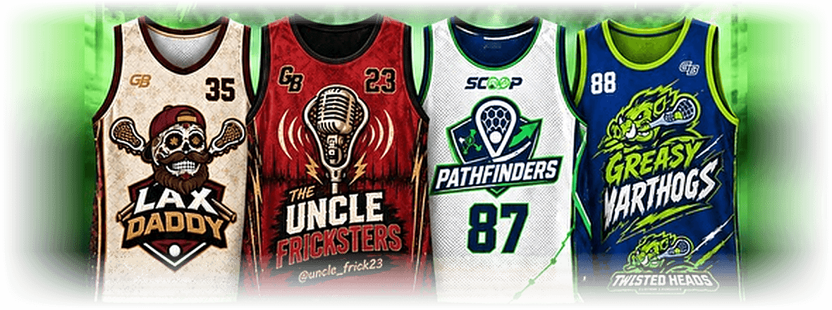 Four example lacrosse kit designs, each in a different colourway with its own crest and player number. Concept artwork.